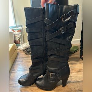 JustFab Black Strappy Heeled Boots